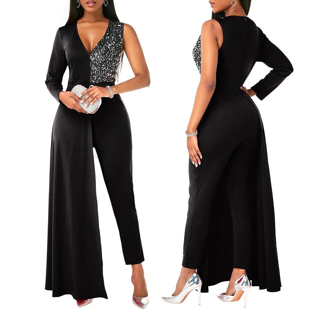 V-neck Sequin Covered Hip Jumpsuit