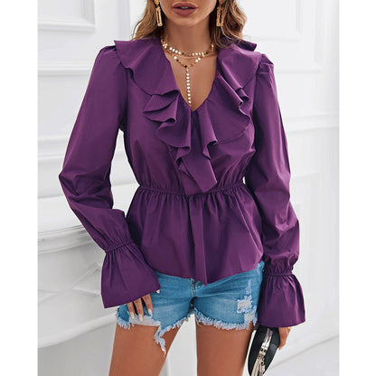 Ruffled V-neck Long-sleeved Bottoming Blouse