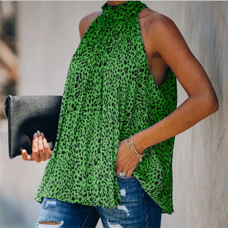 Top de chifón con estampado de leopardo y cuello halter estampado para mujer