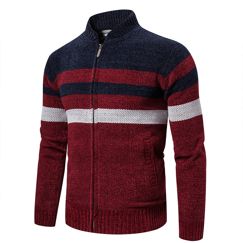 Casual Sweater Men Stand Collar Striped Color Matching Long Sleeves