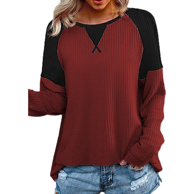 Waffle Stitching Long-sleeved Round Neck T-shirt