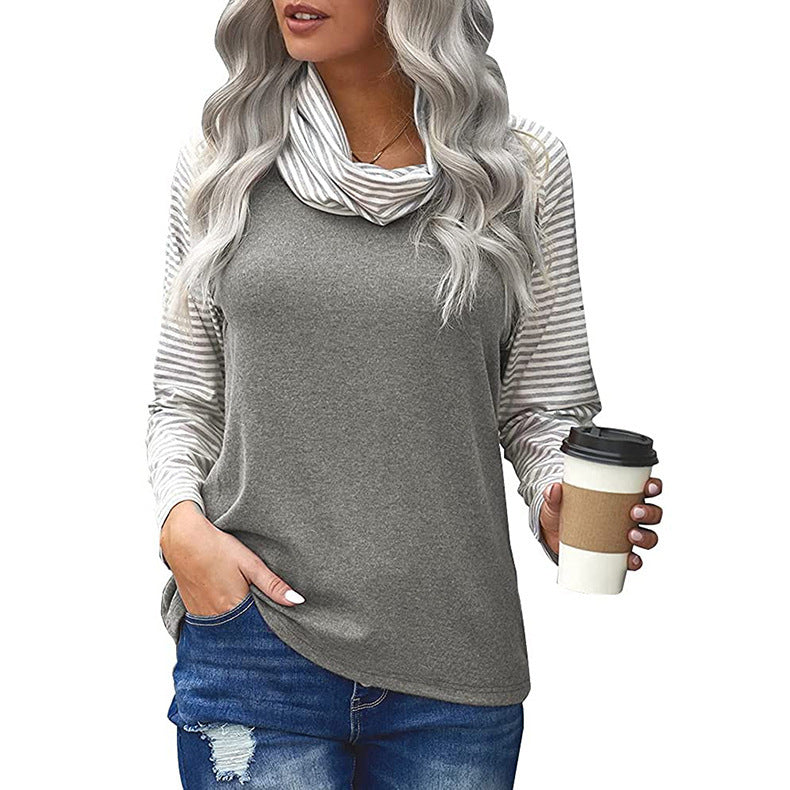 Stitching Long-sleeved Pile Neck Top Printed T-shirt