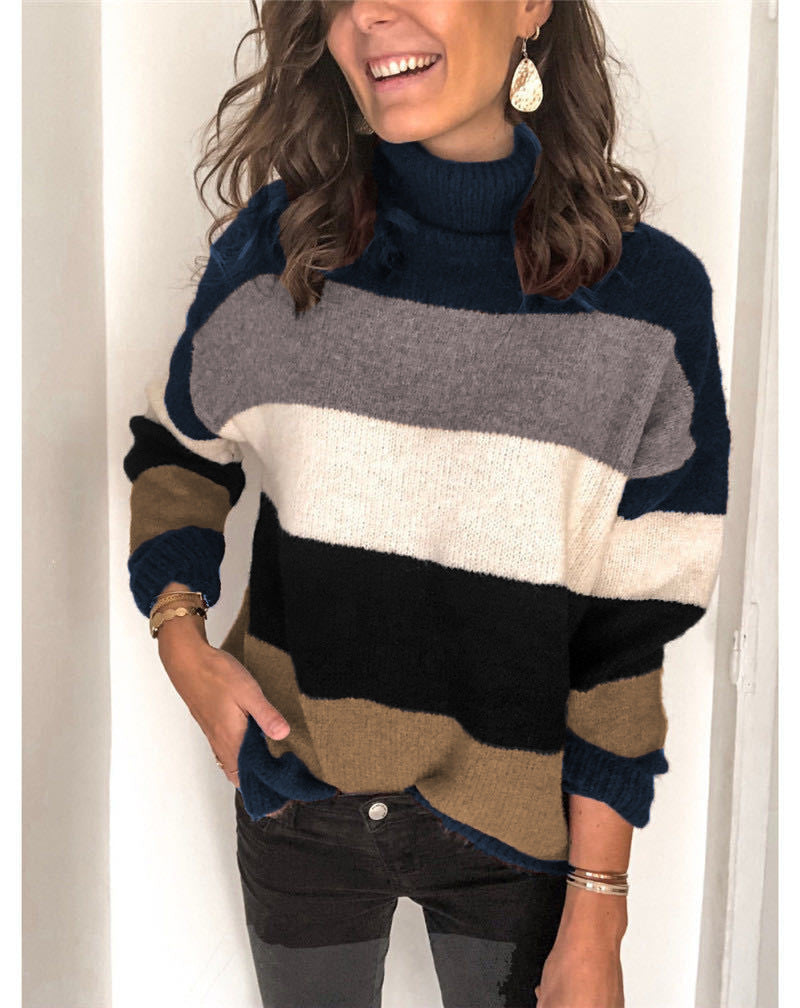 Ladies High Neck Stitching Knitted Striped Sweater