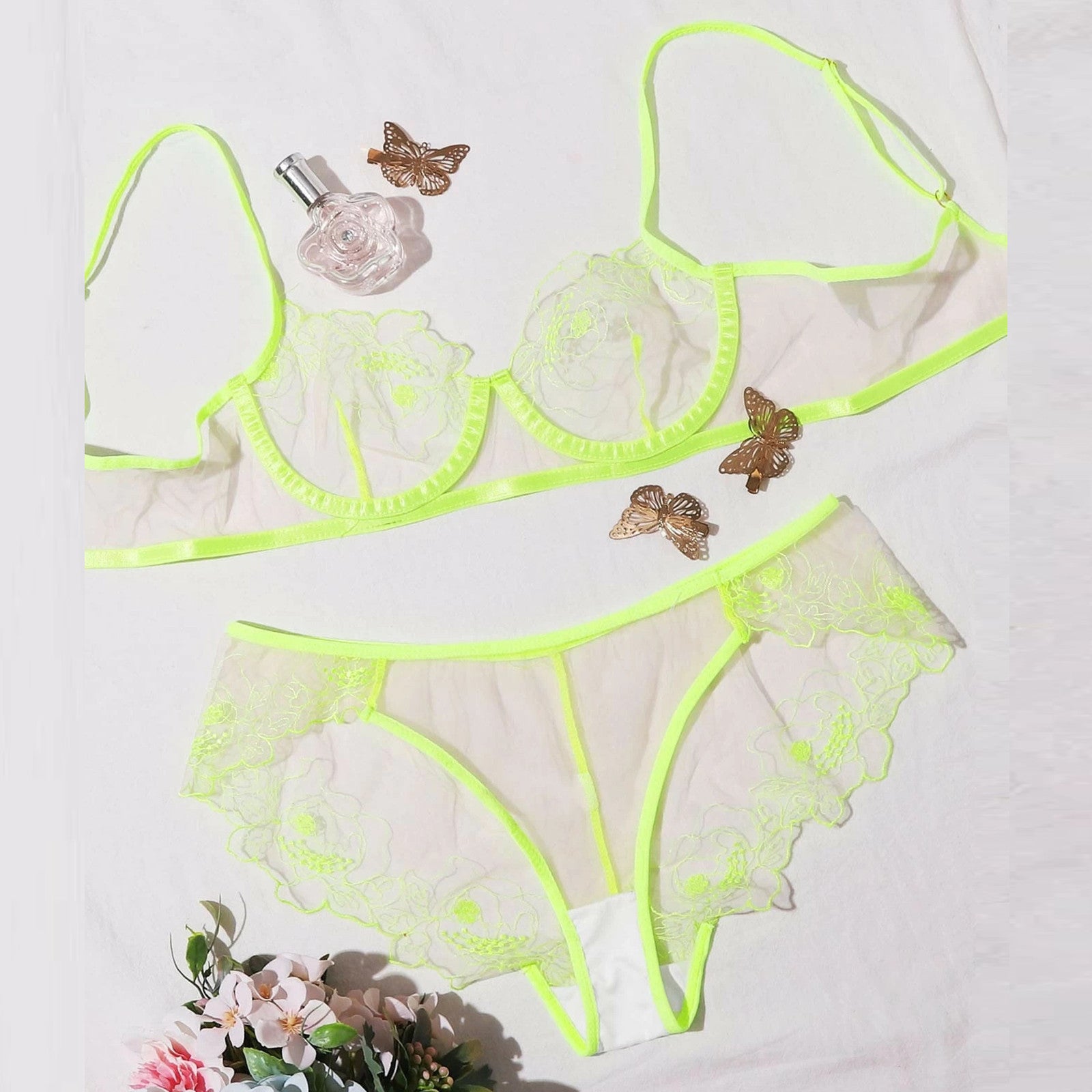 Ensemble de lingerie transparente brodée en maille pour femmes
