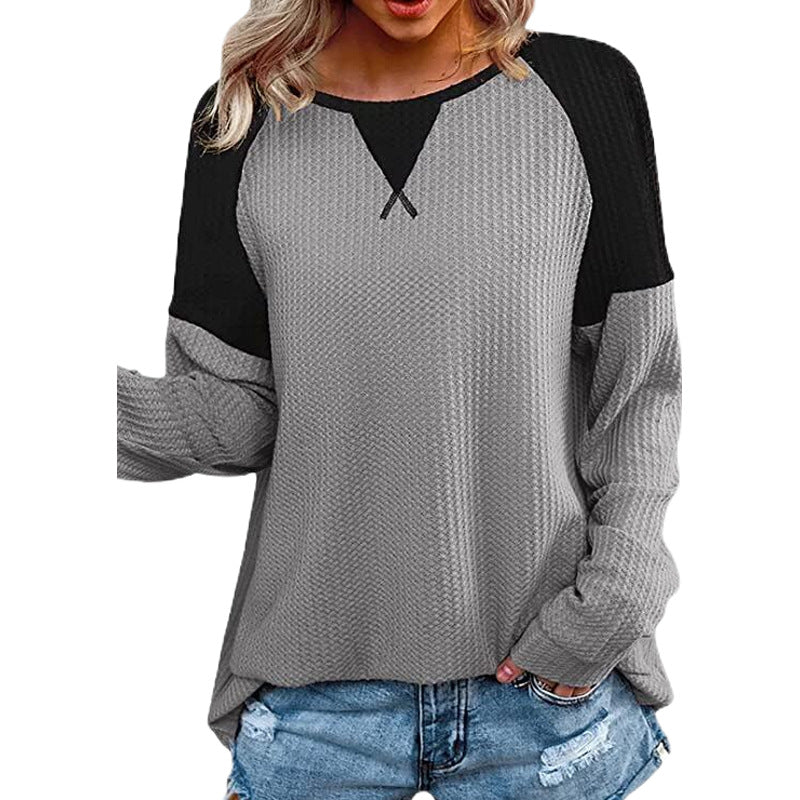 Waffle Stitching Long-sleeved Round Neck T-shirt