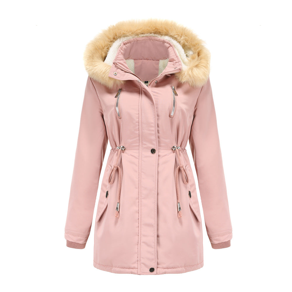 Chaqueta suelta de algodón grueso de terciopelo de cordero para mujer con capucha desmontable y chaqueta polar