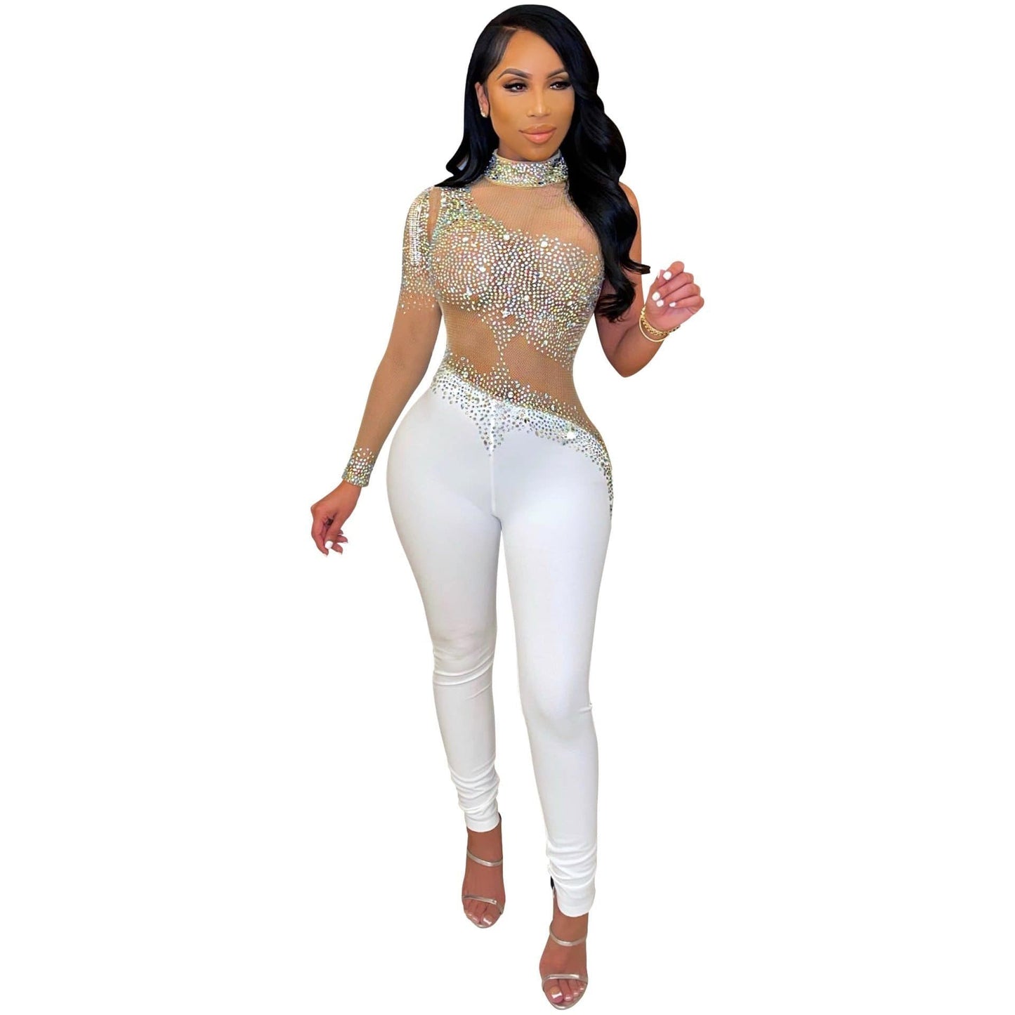 Sheer Mesh Diamond Party Jumpsuit