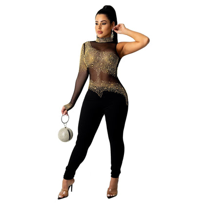 Sheer Mesh Diamond Party Jumpsuit